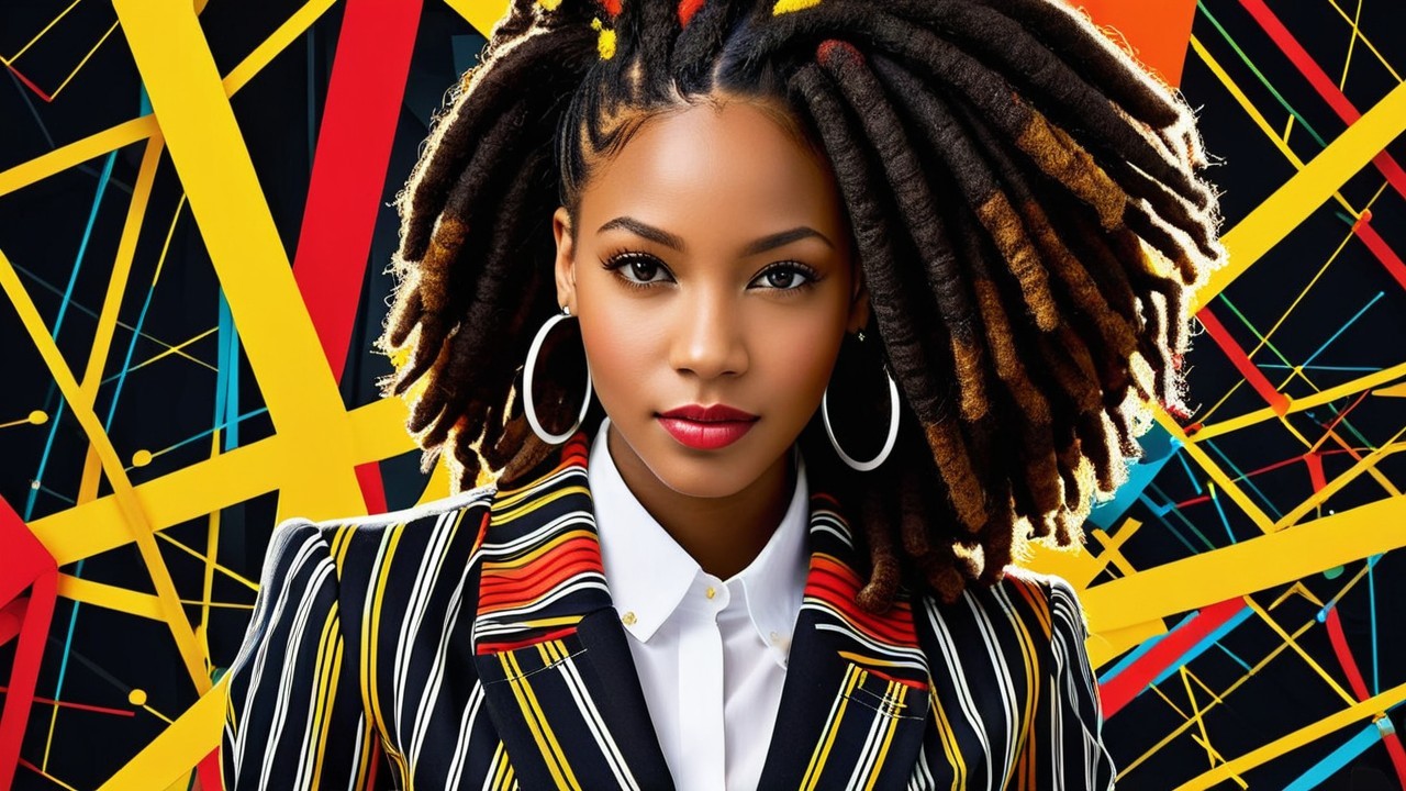 Confident Woman in Multicolored Striped Suit and Locs