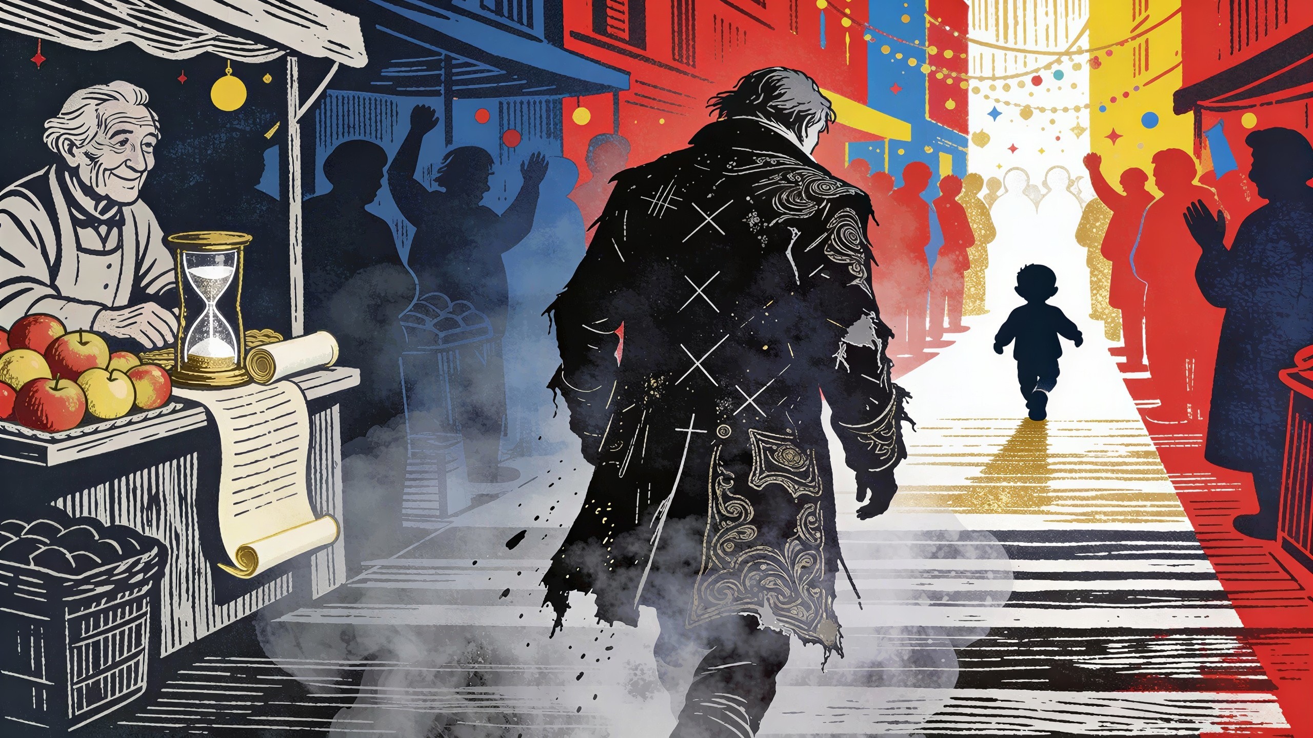 Woodcut illustration of a man and child on a path