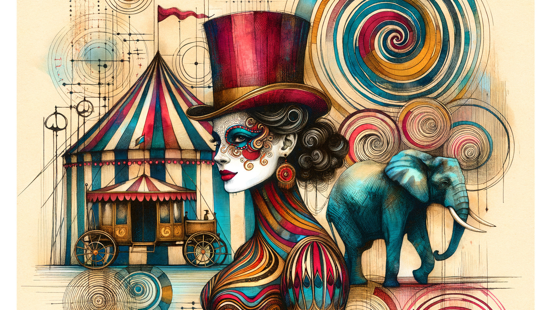 Whimsical Circus Illustration with Woman and Elephant