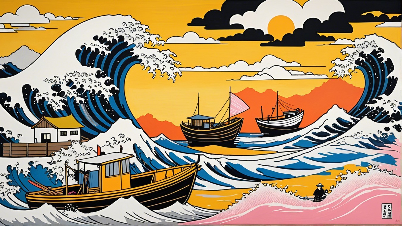 Vibrant Seascape with Bold Waves and Sunset Sky