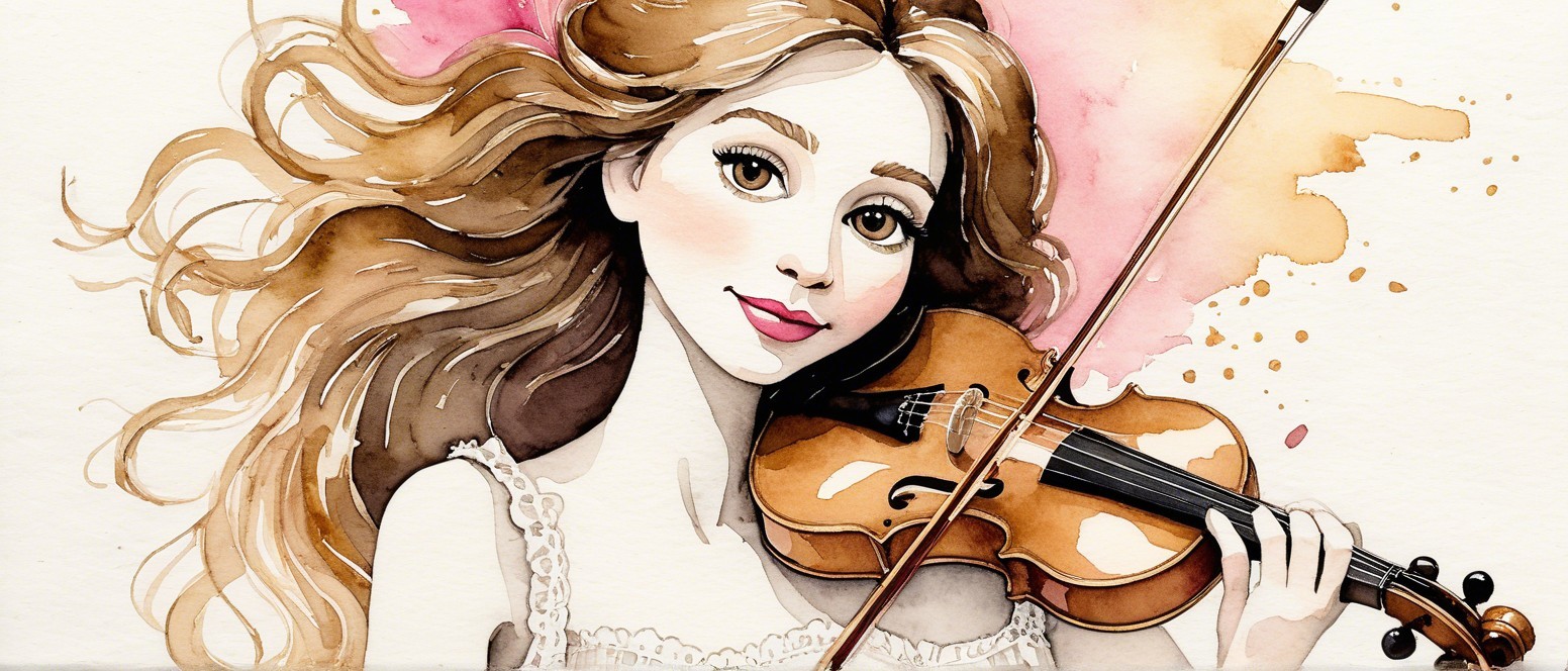 Young Woman Playing Violin in Serene Watercolor Scene