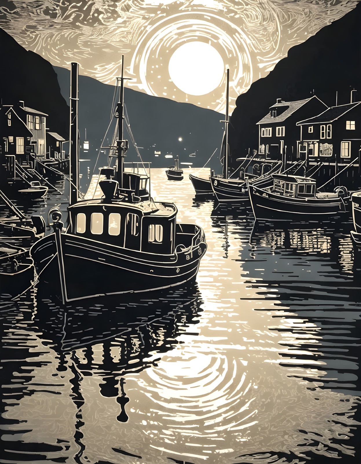 Stylized Black and White Harbor Scene with Boats