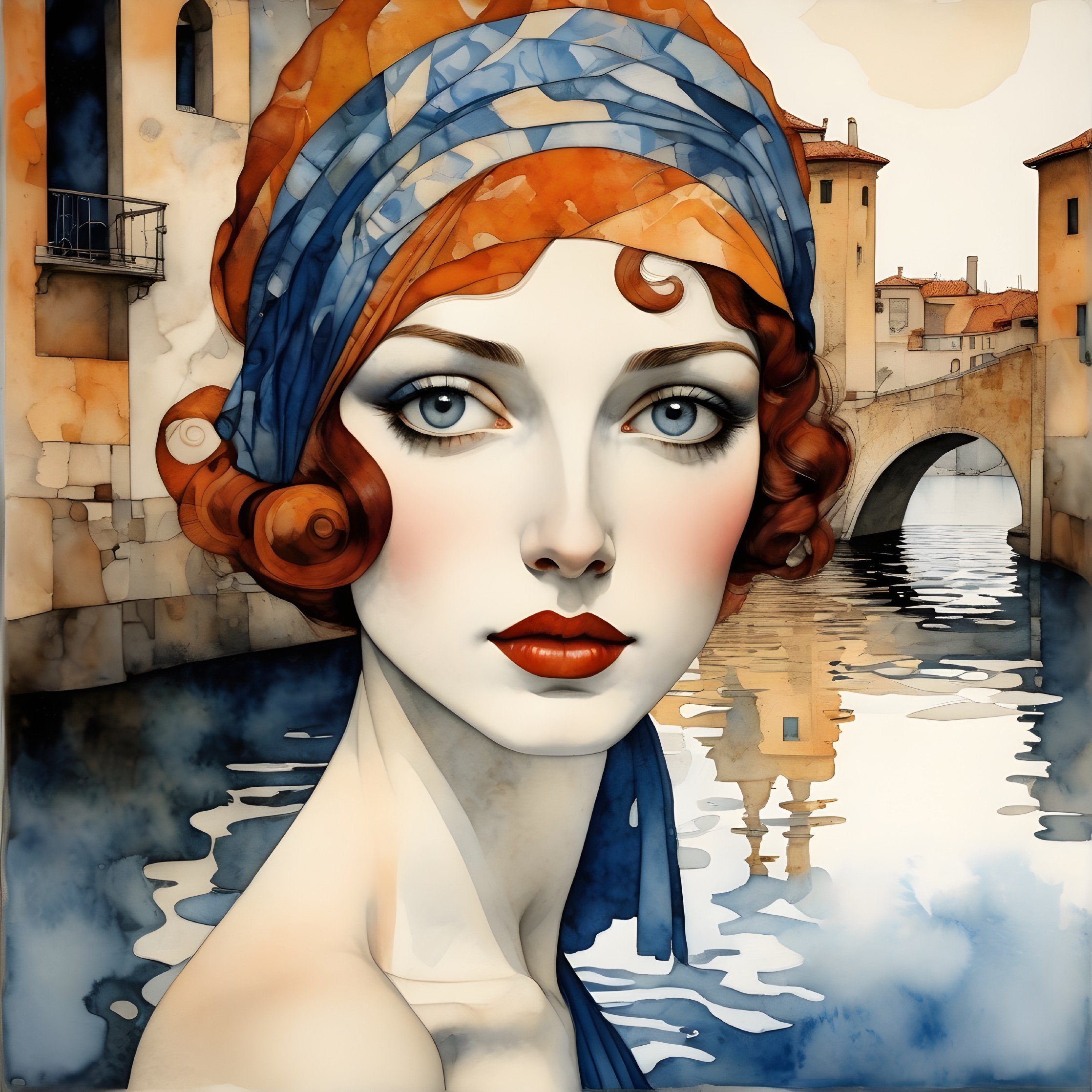 Stylized portrait of a woman with red hair and blue headscarf