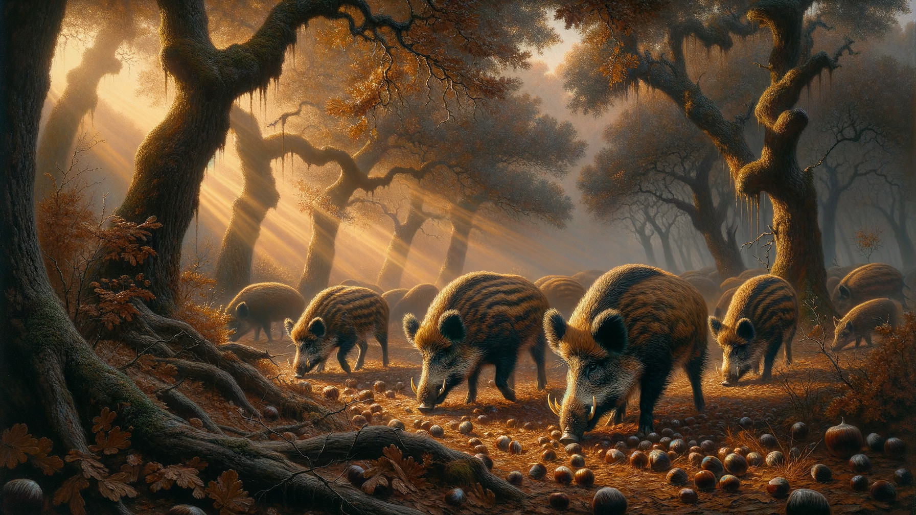 Wild Boars Foraging in a Sunlit Autumn Forest
