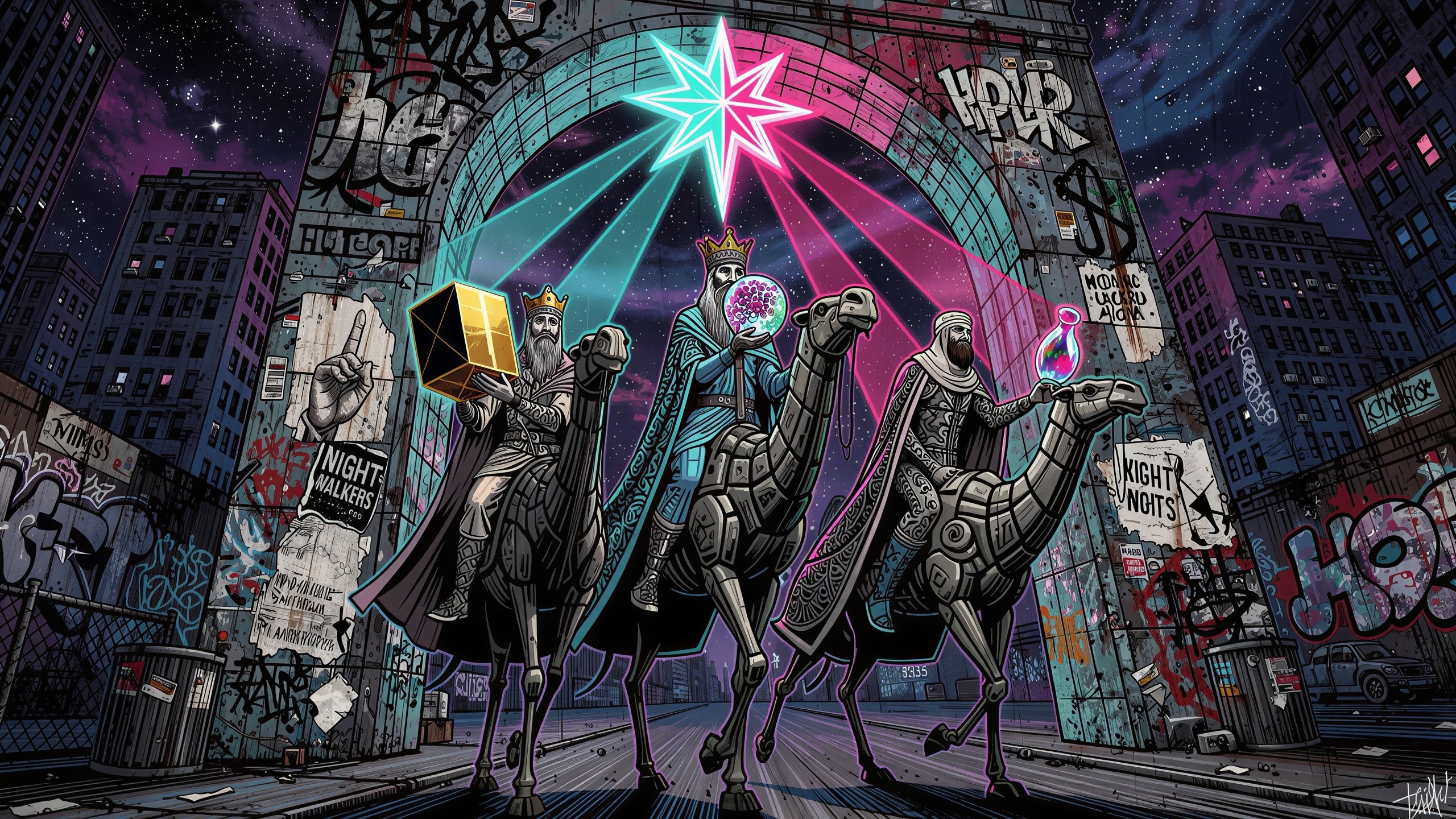 Digital Artwork of Futuristic Three Wise Men in City
