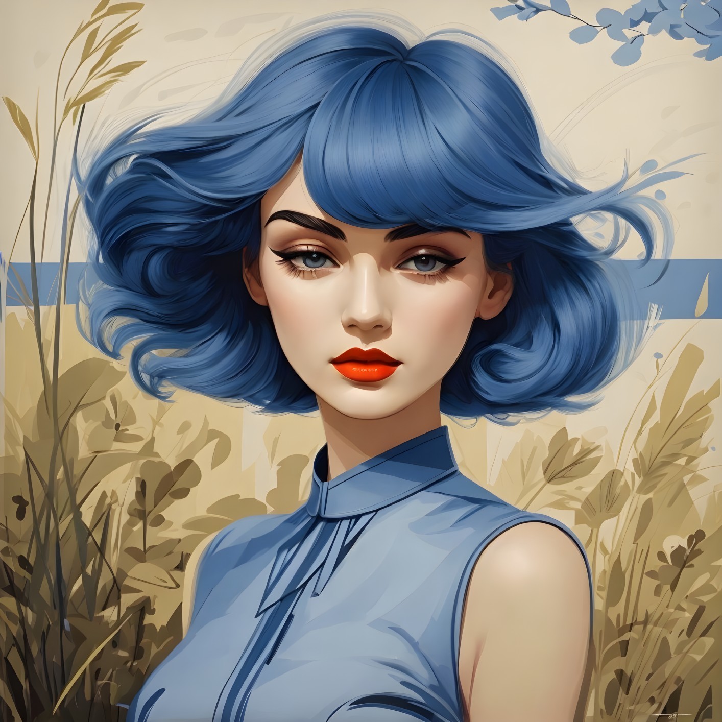 Stylish Young Woman with Blue Hair in Natural Setting