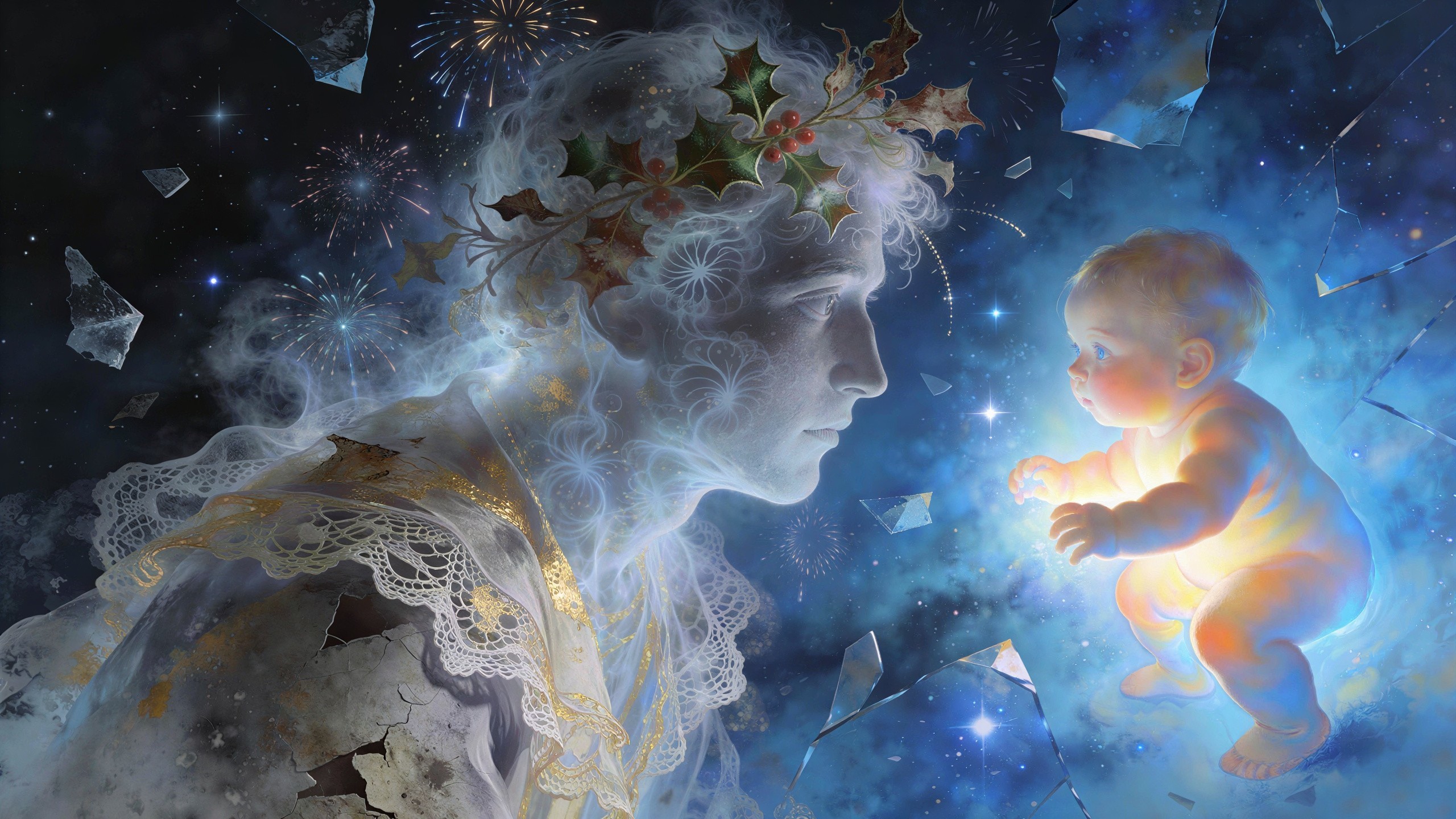 Ethereal Painting of Ghostly Man and Glowing Baby