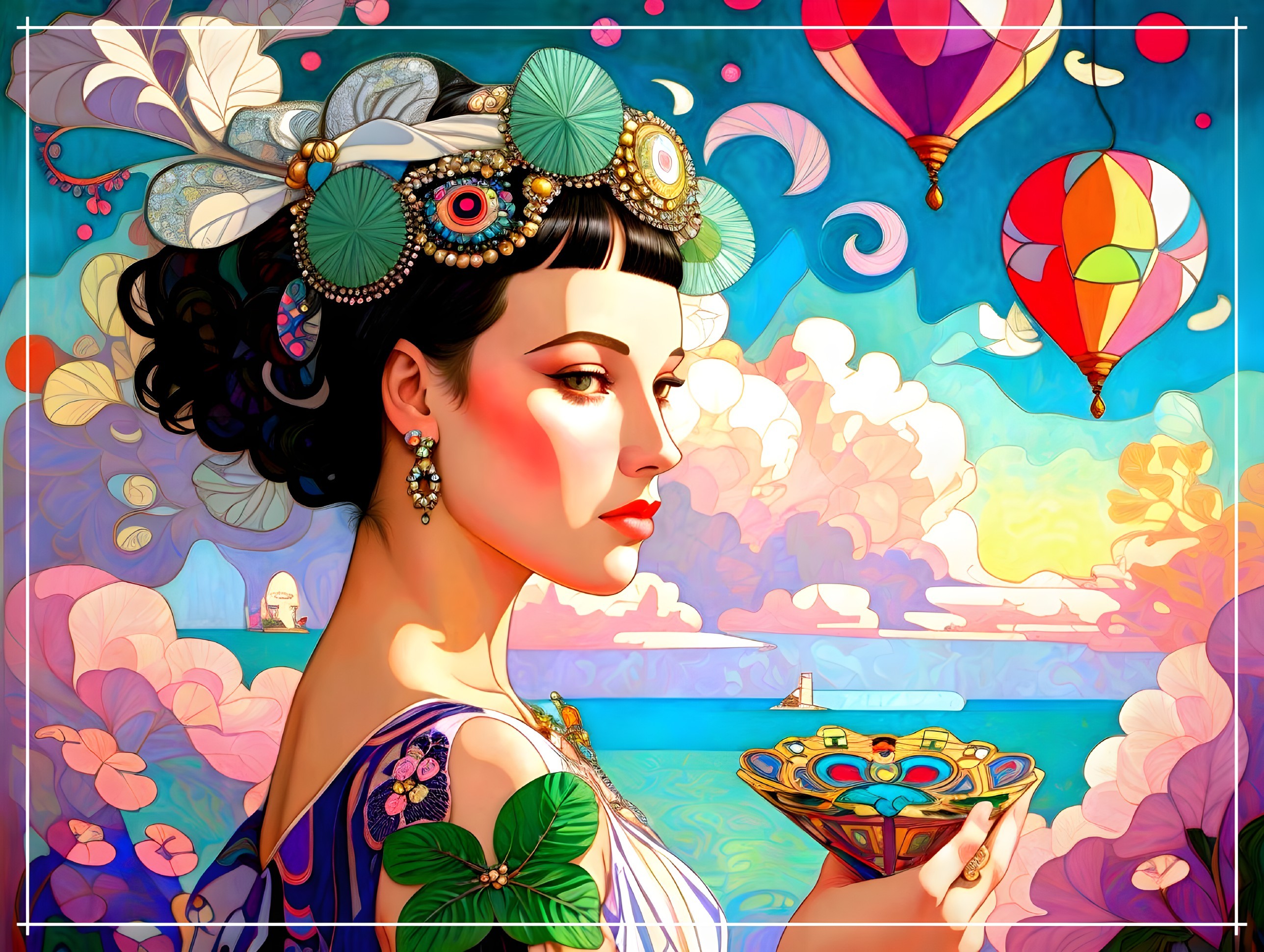 Illustration of a woman in a vibrant landscape with balloons
