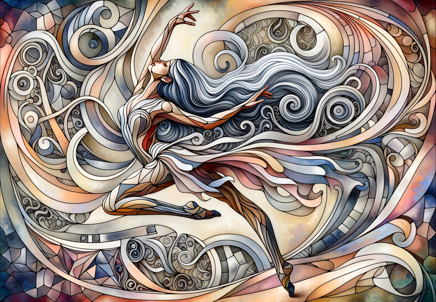 Dancer in Motion Surrounded by Patterns and Colors