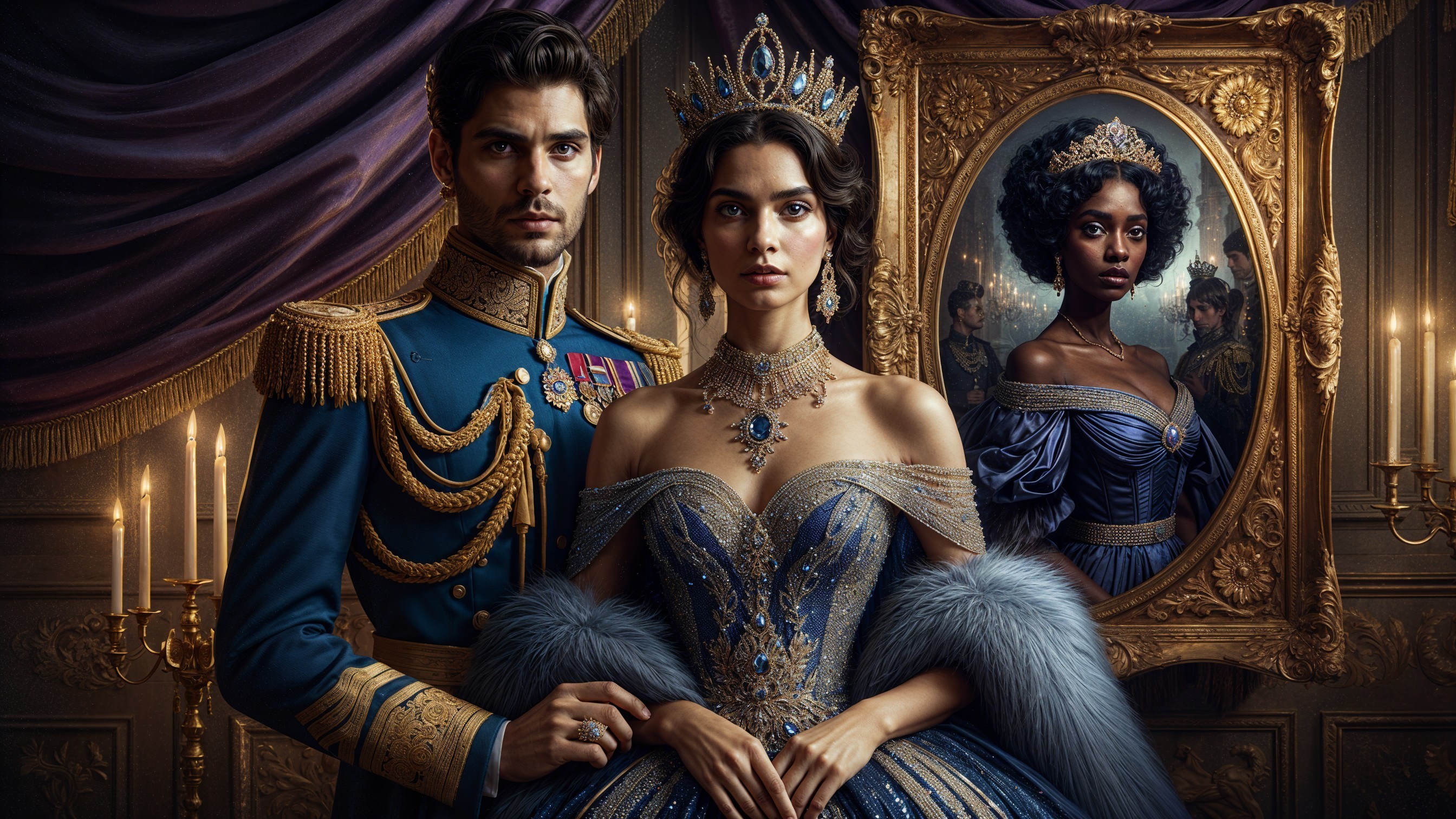 Regal Couple in Opulent Setting with Candlelight Portrait