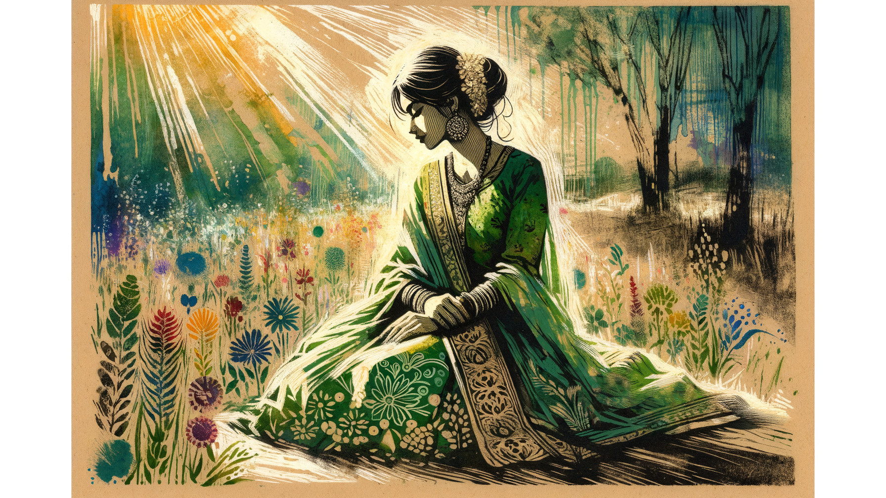 Woman in Green Dress in Colorful Meadow Setting