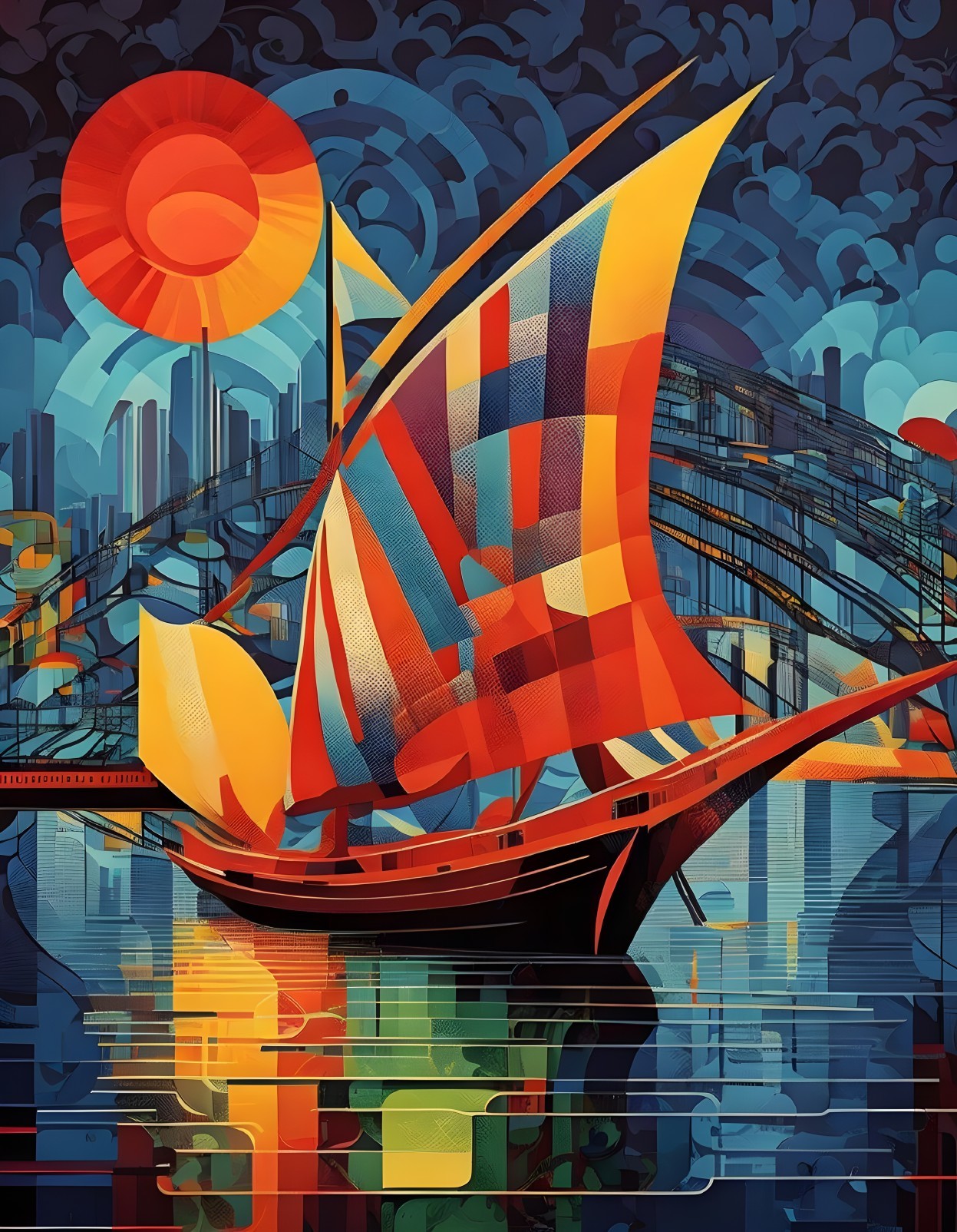 Abstract Artwork of Sailing Ship with City Skyline