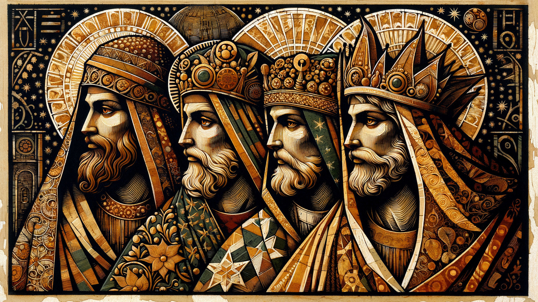 Bearded Men in Ornate Crowns in Mosaic Artwork