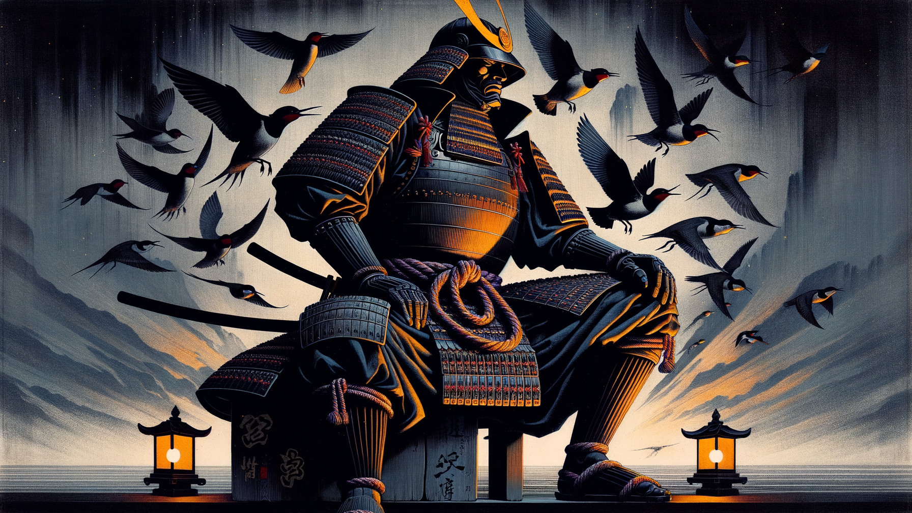 Solitary Samurai in Armor Amidst Swirling Black Birds