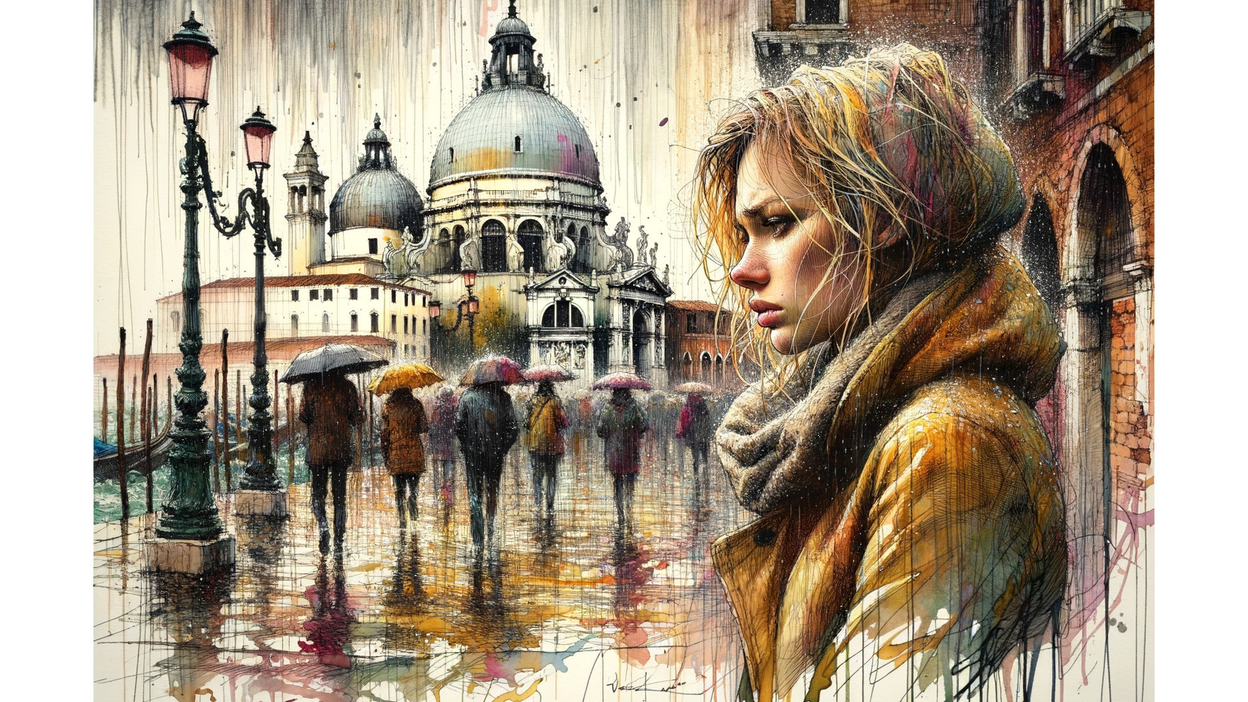 Contemplative Woman in Rainy Venetian Street Scene