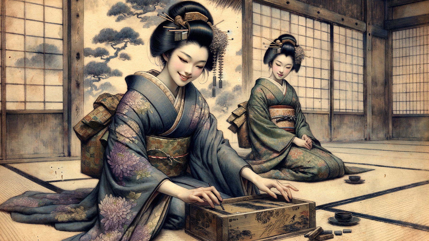 Women in Traditional Kimonos in Japanese Room Setting