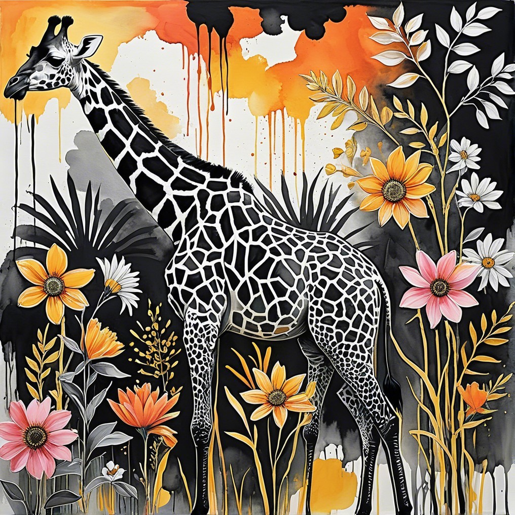 Giraffe Among Abstract Orange and Yellow Background