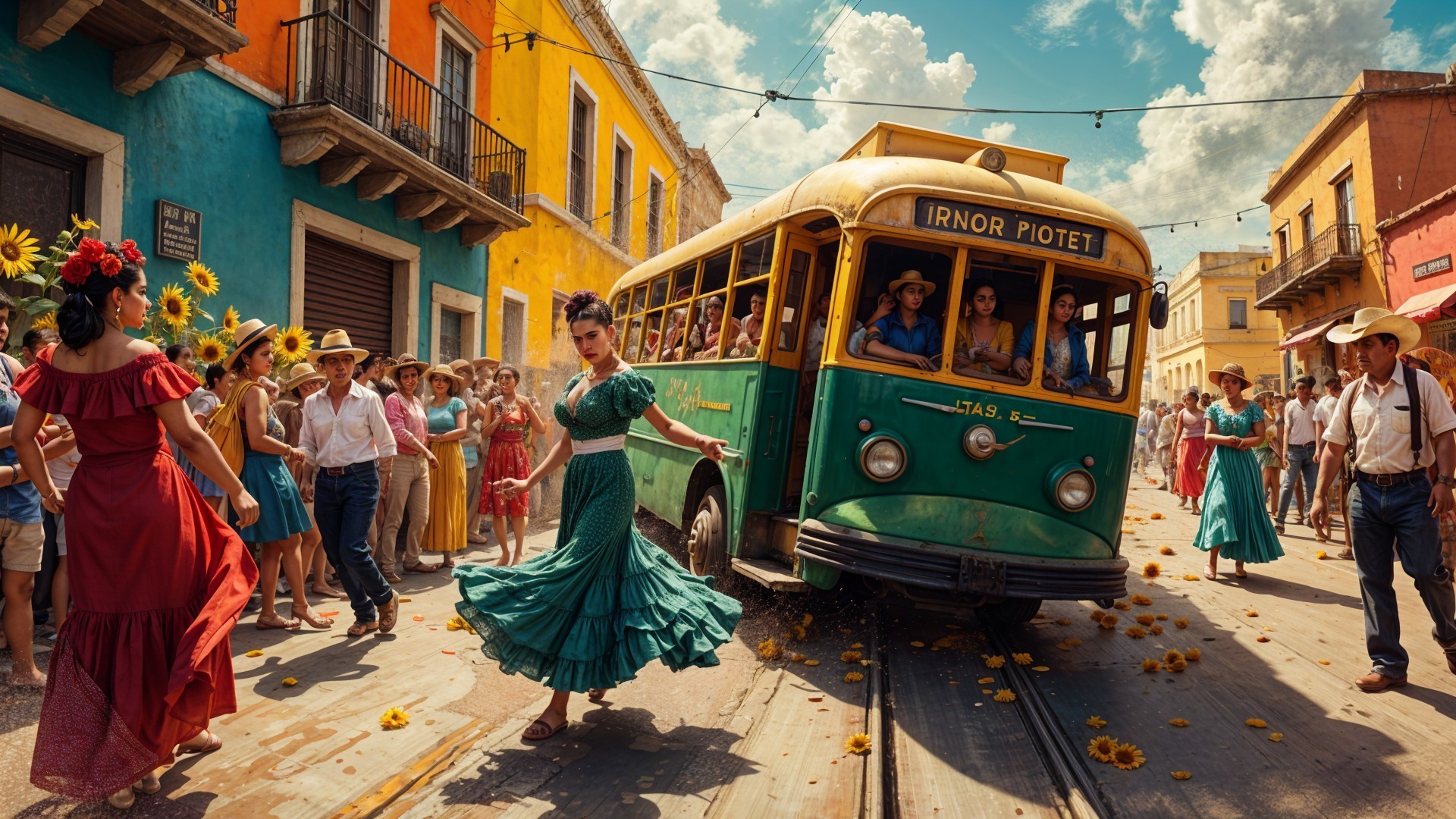Vibrant Street Celebration with Vintage Green Bus