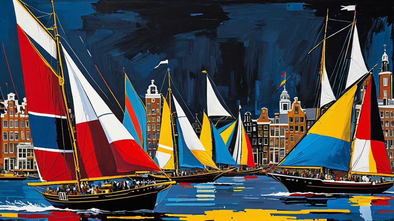 Colorful Sailboats on a Shimmering Waterway Scene