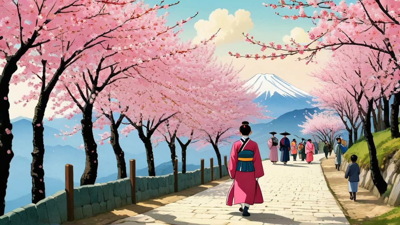 Cherry Blossom Landscape with Cobblestone Path and Mountains