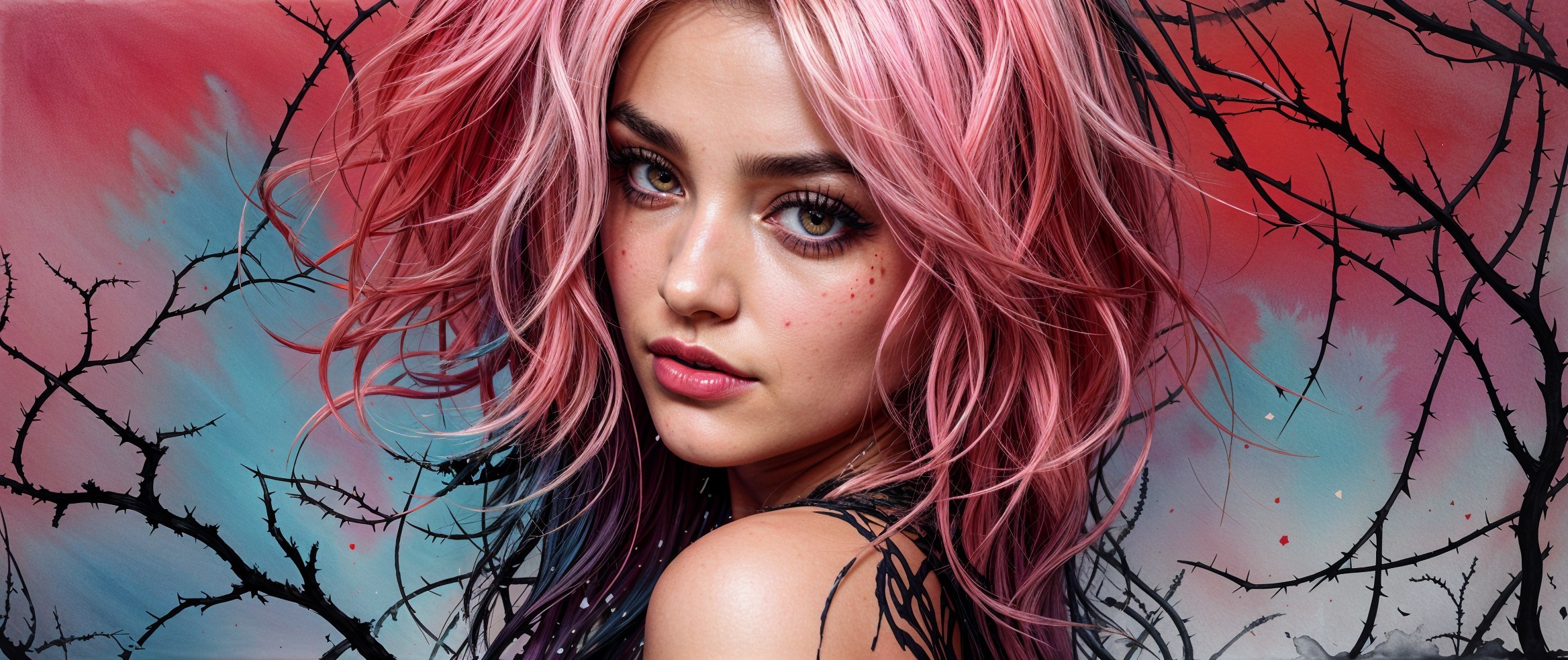 Young woman with pink hair and dramatic makeup