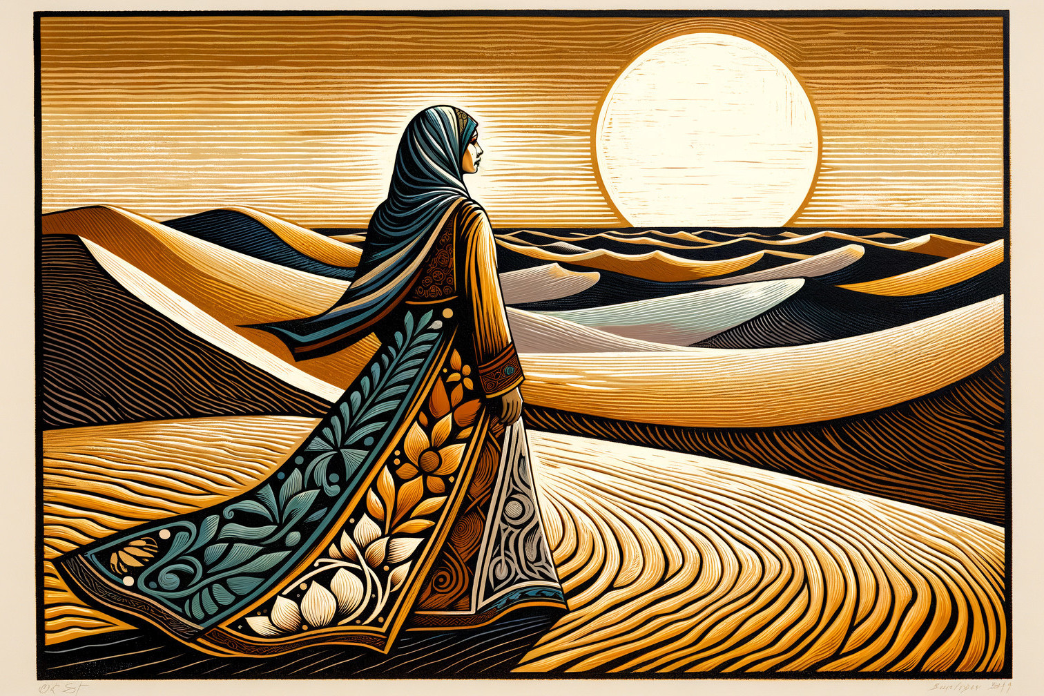 Woman in Flowing Garment in Golden Desert Landscape