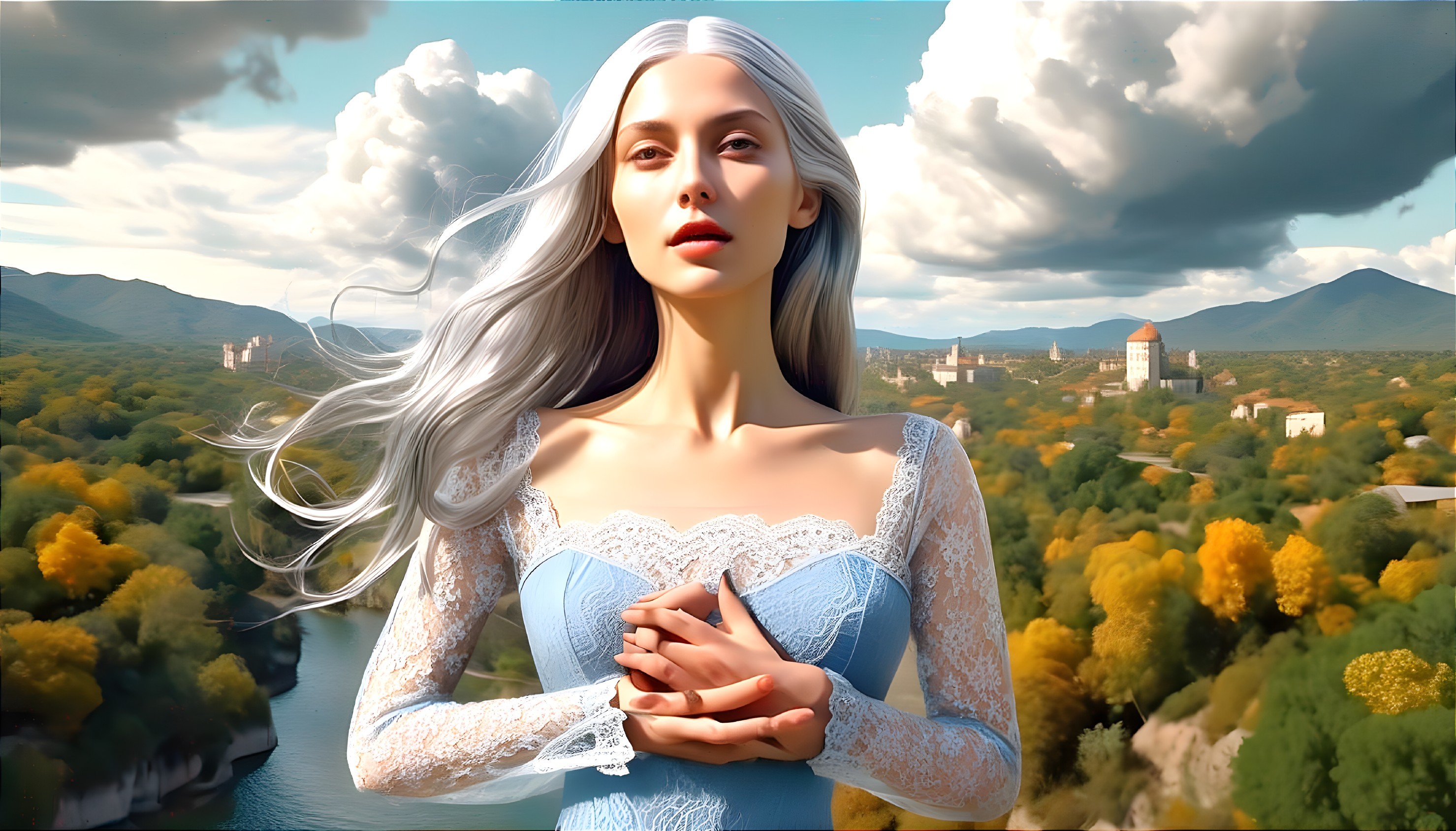 Woman in Blue Gown Amidst Autumn Landscape