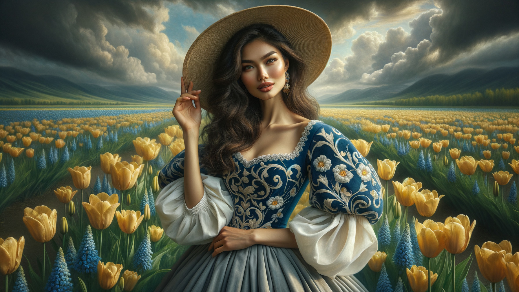 Young woman in embroidered dress in flower field
