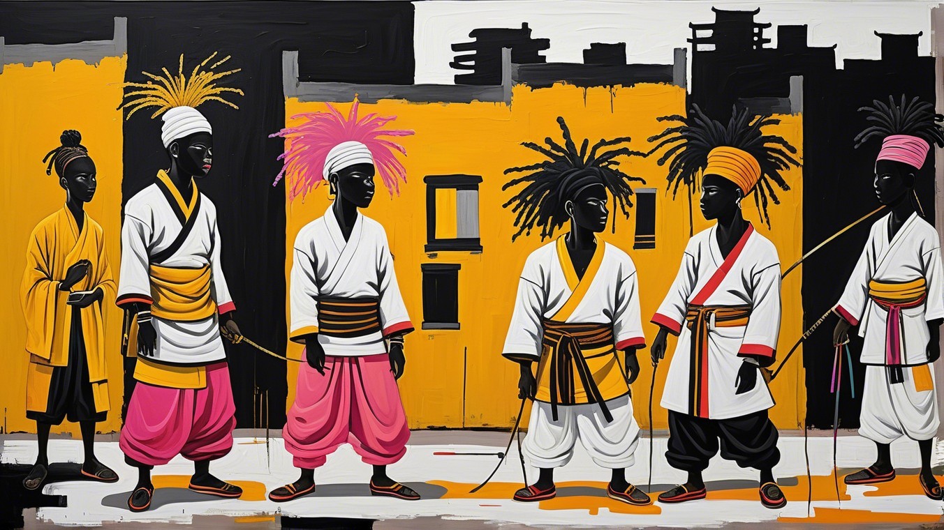 Vibrant Scene of Six Figures in Traditional Attire
