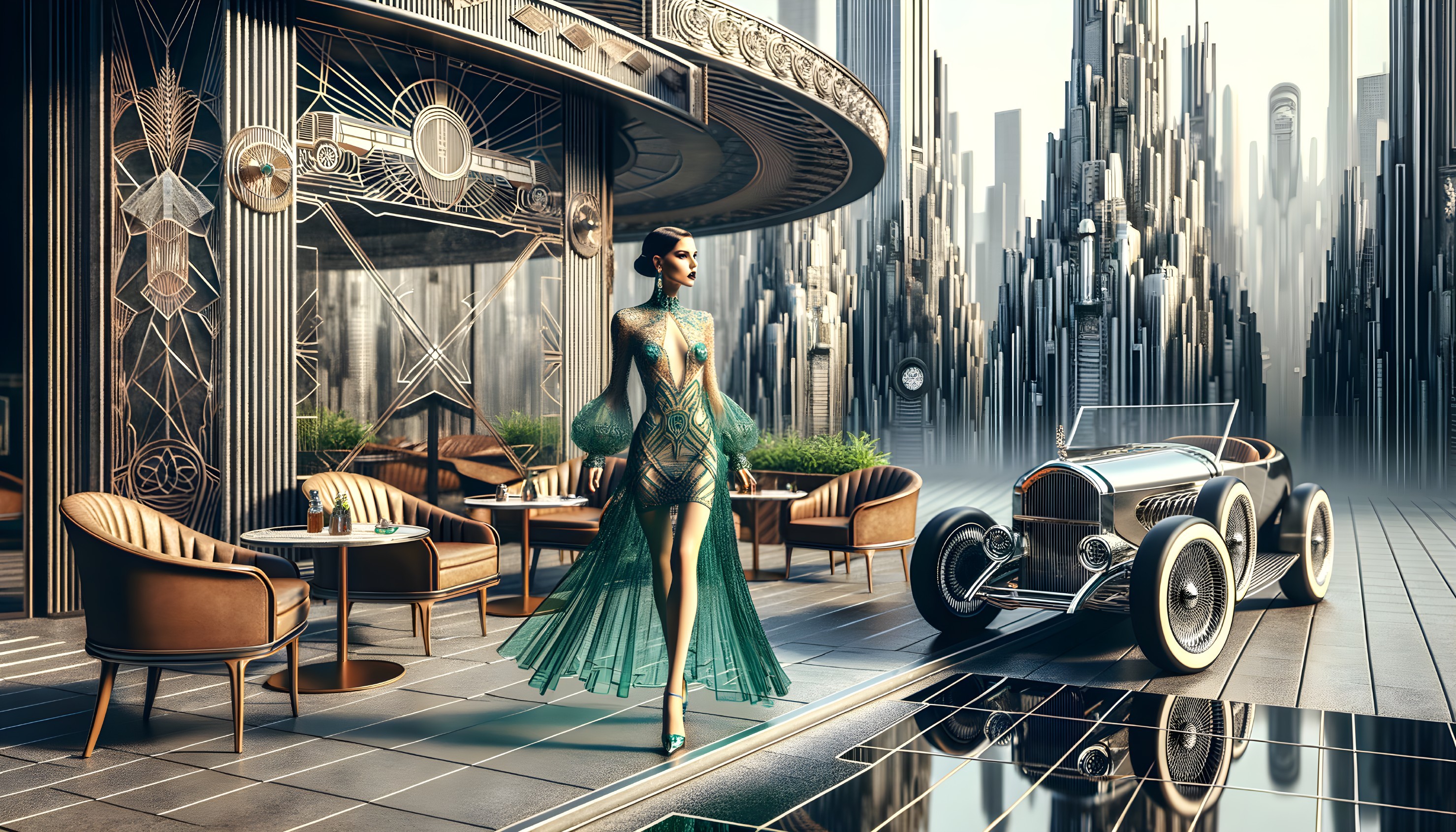 Futuristic Art Deco Scene with Stylish Woman and Vintage Car