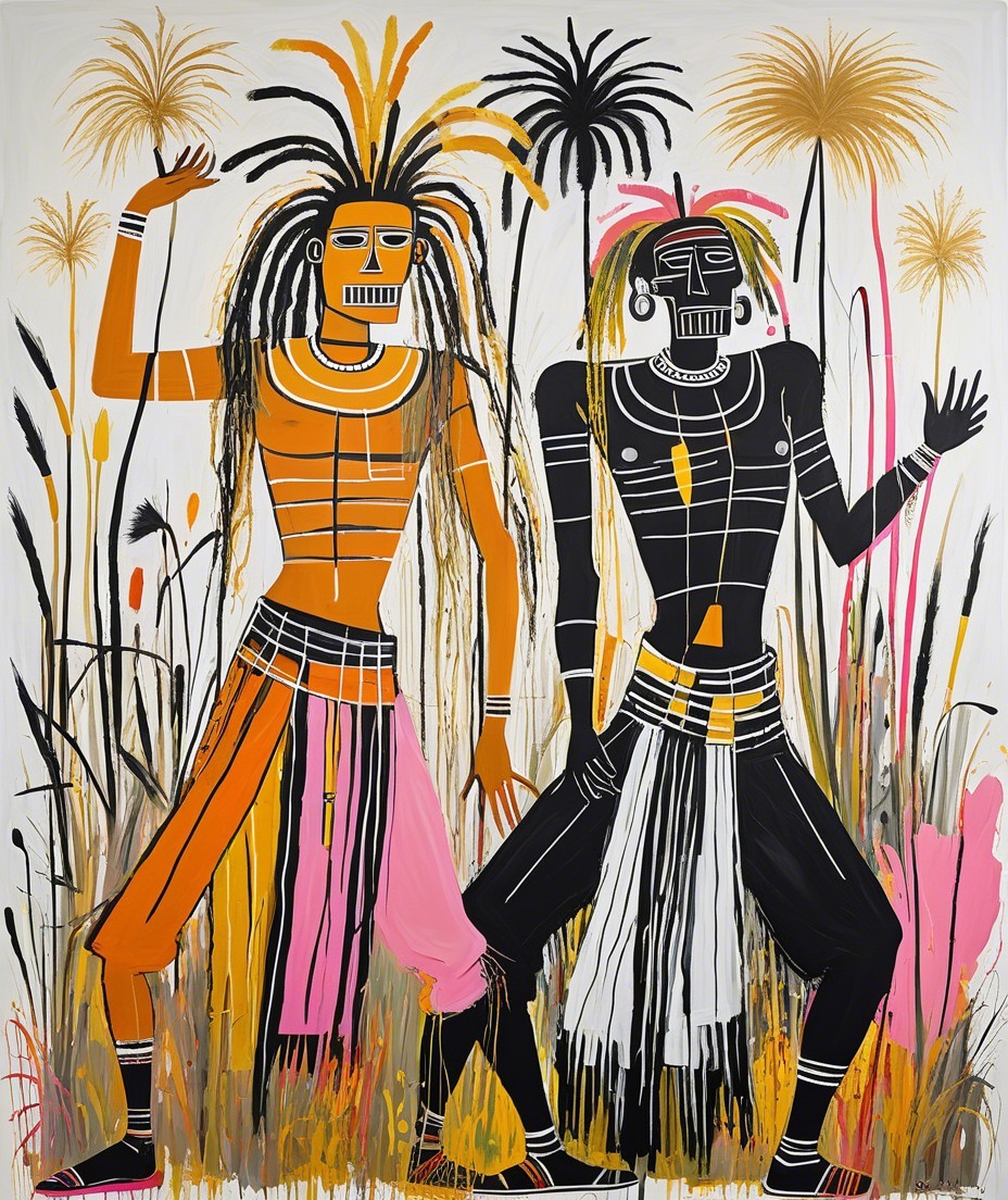 Stylized Figures in Vivid Colors and Patterns