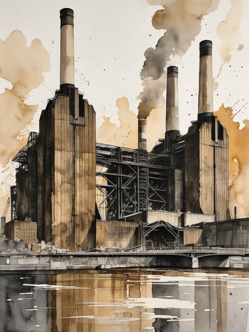 Industrial Power Plant with Smokestacks and Water Reflection