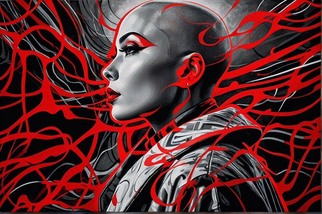 Bald Woman Profile with Bold Makeup and Swirling Red Lines