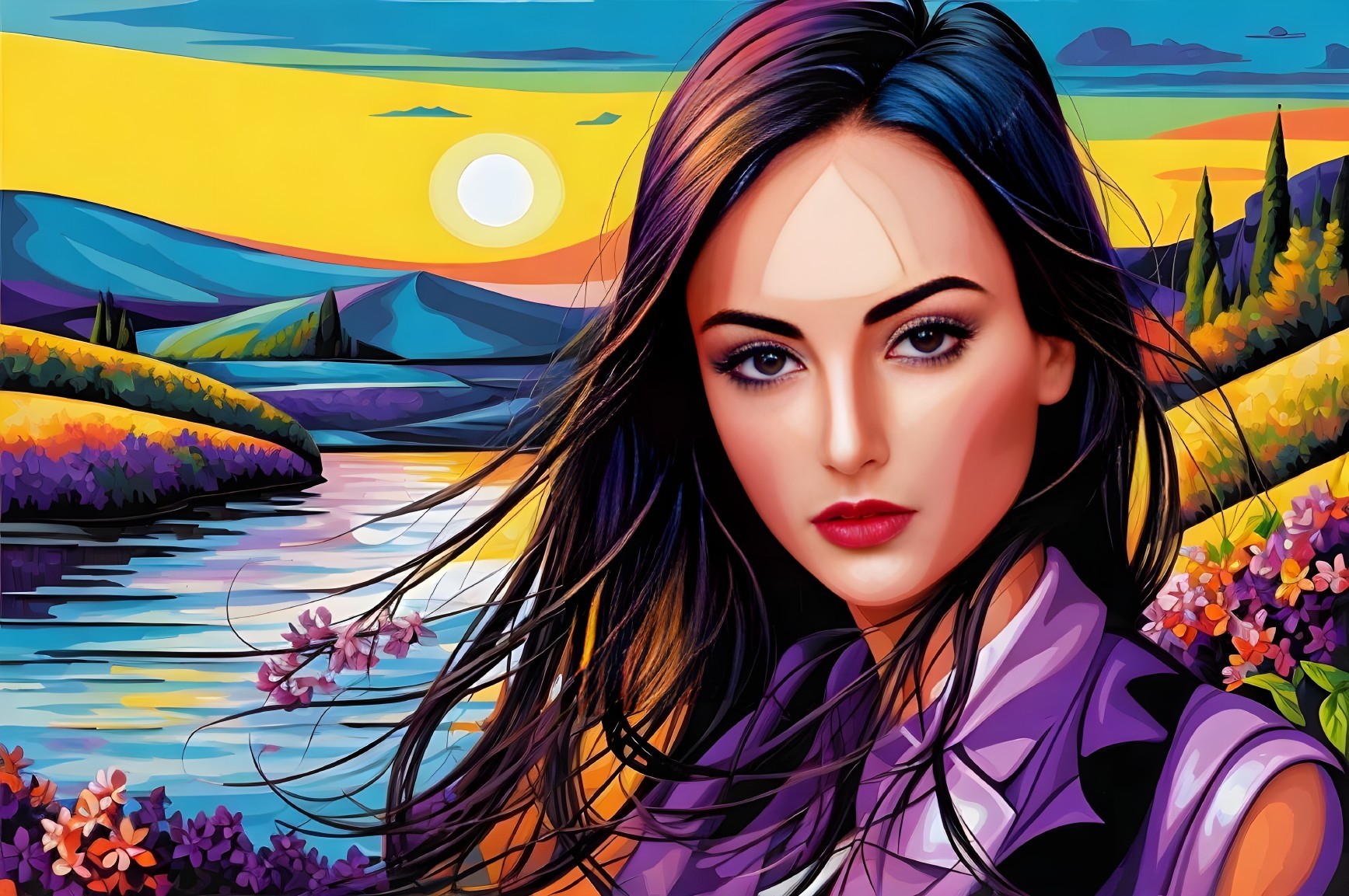 Woman's Portrait Merged with Colorful Landscape Scene