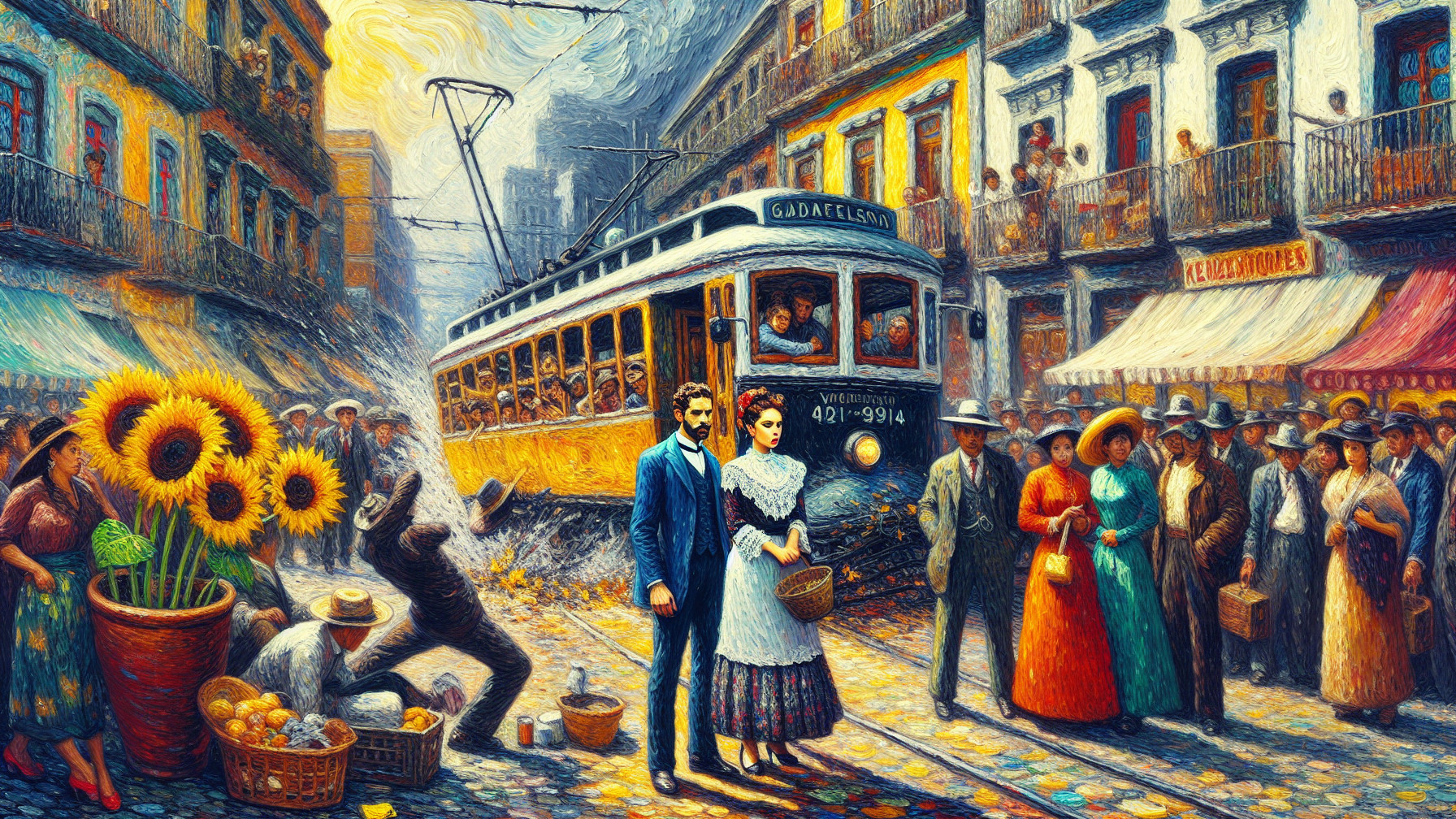 Vibrant Street Scene with Vintage Tram and Market Activity