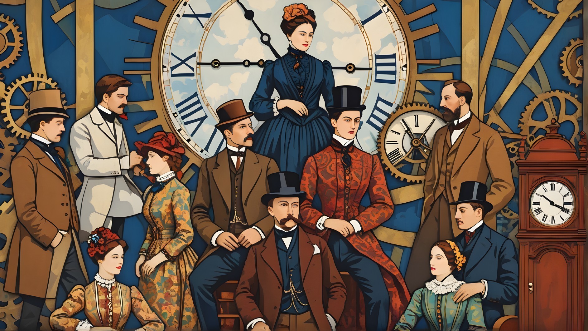 19th Century Elegantly Dressed Individuals with Clock