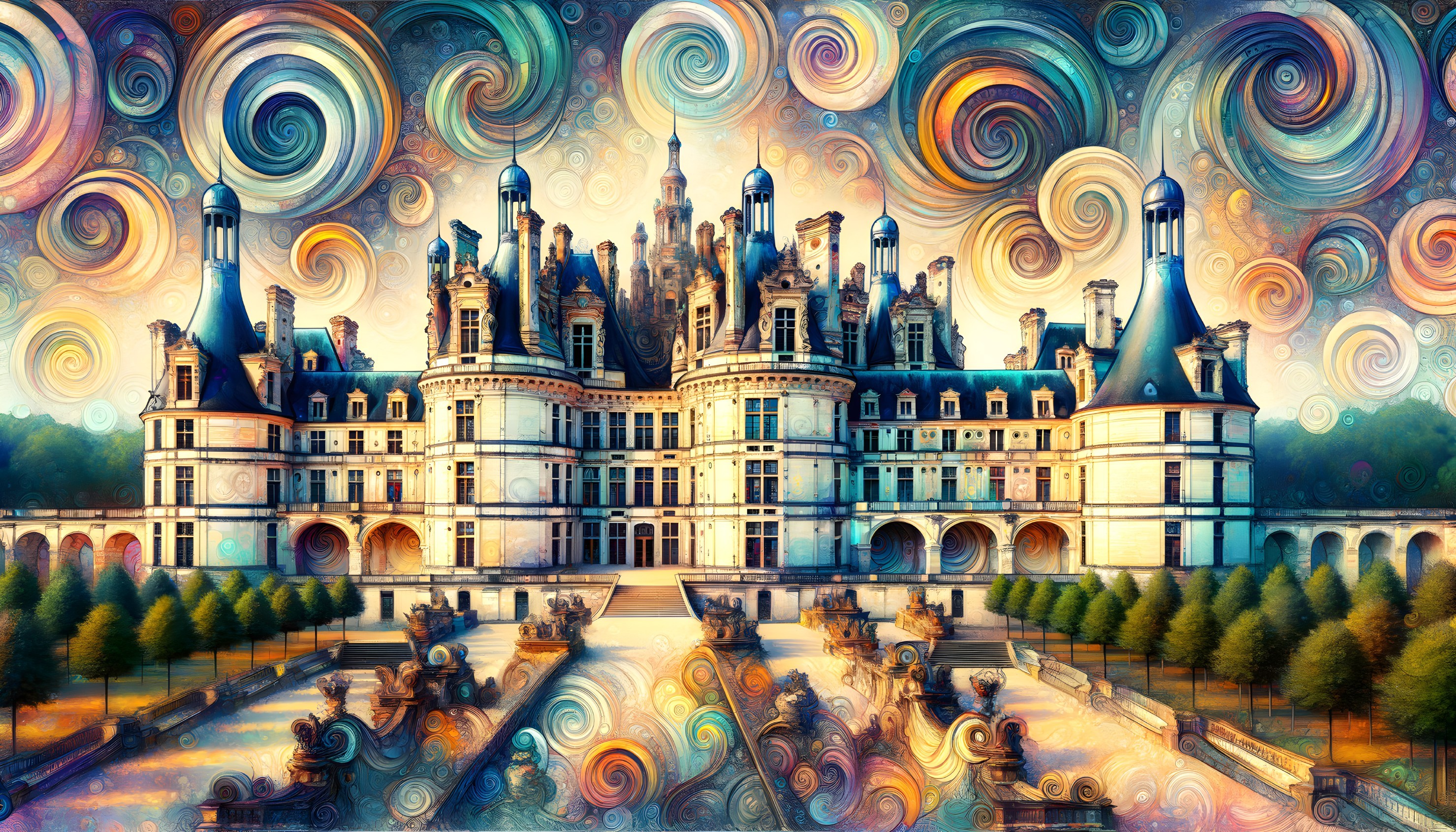 Whimsical Castle with Vibrant Swirling Sky Background