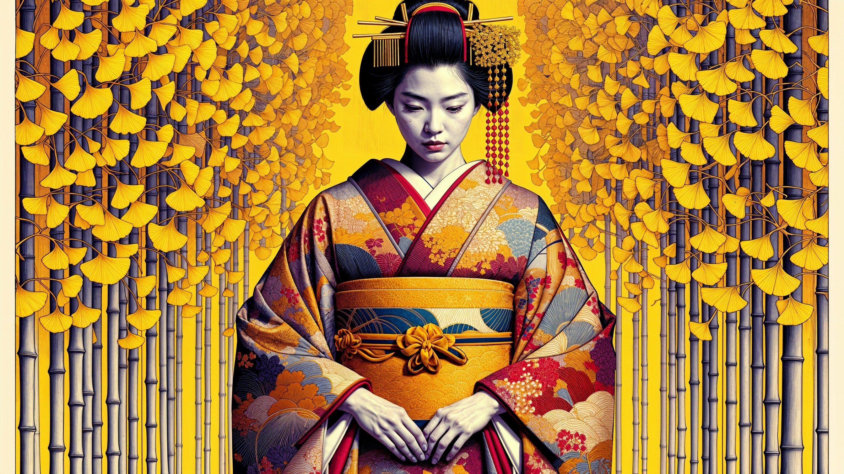 Graceful Figure in Vibrant Kimono Among Ginkgo Trees