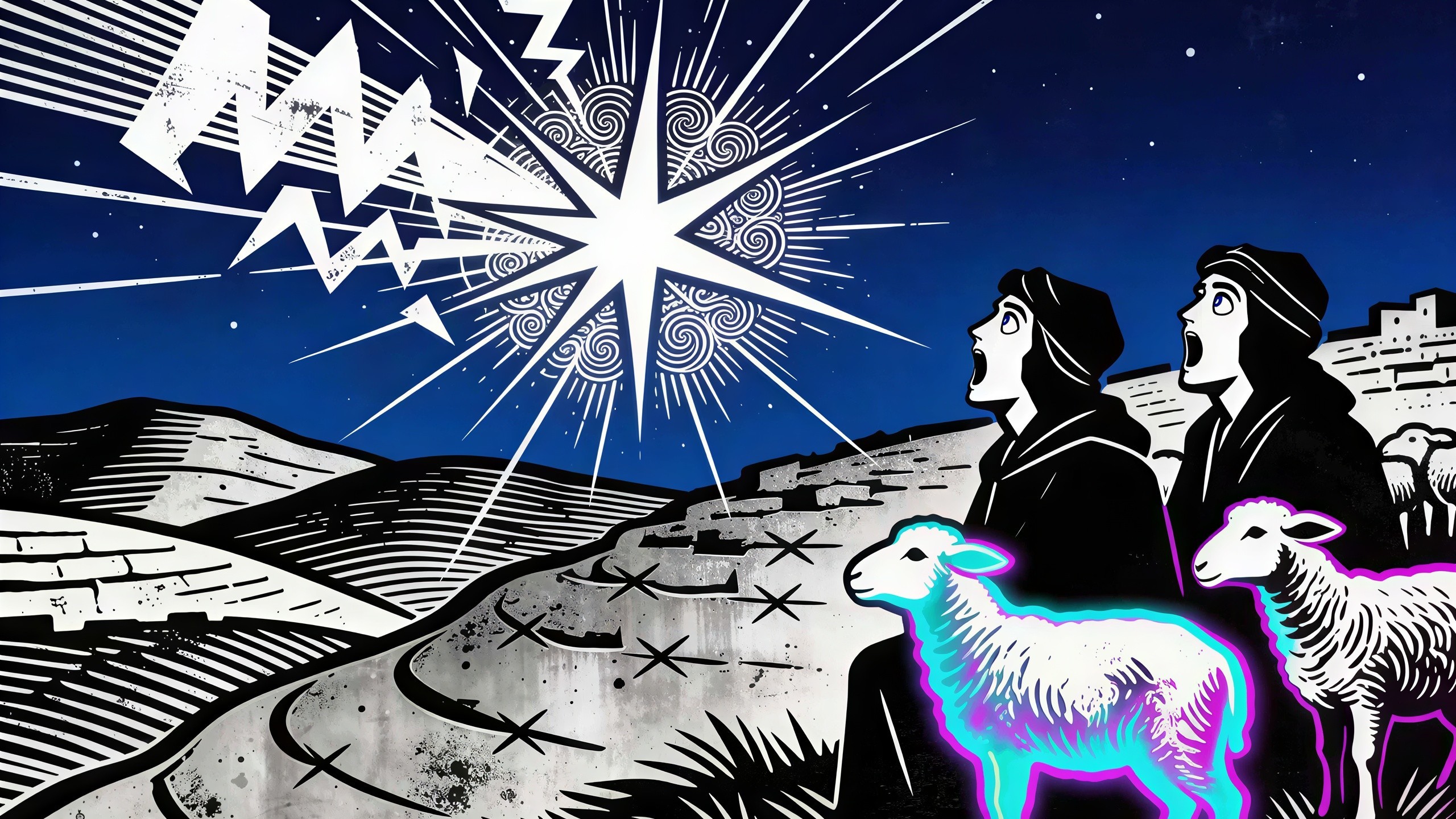 Illuminated Woodcut of Men Gazing at a Bright Star