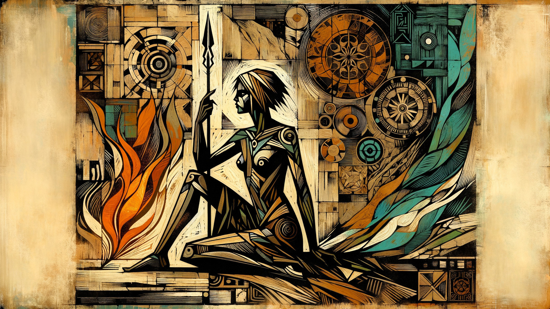 Stylized Figure with Spear Amidst Geometric Patterns