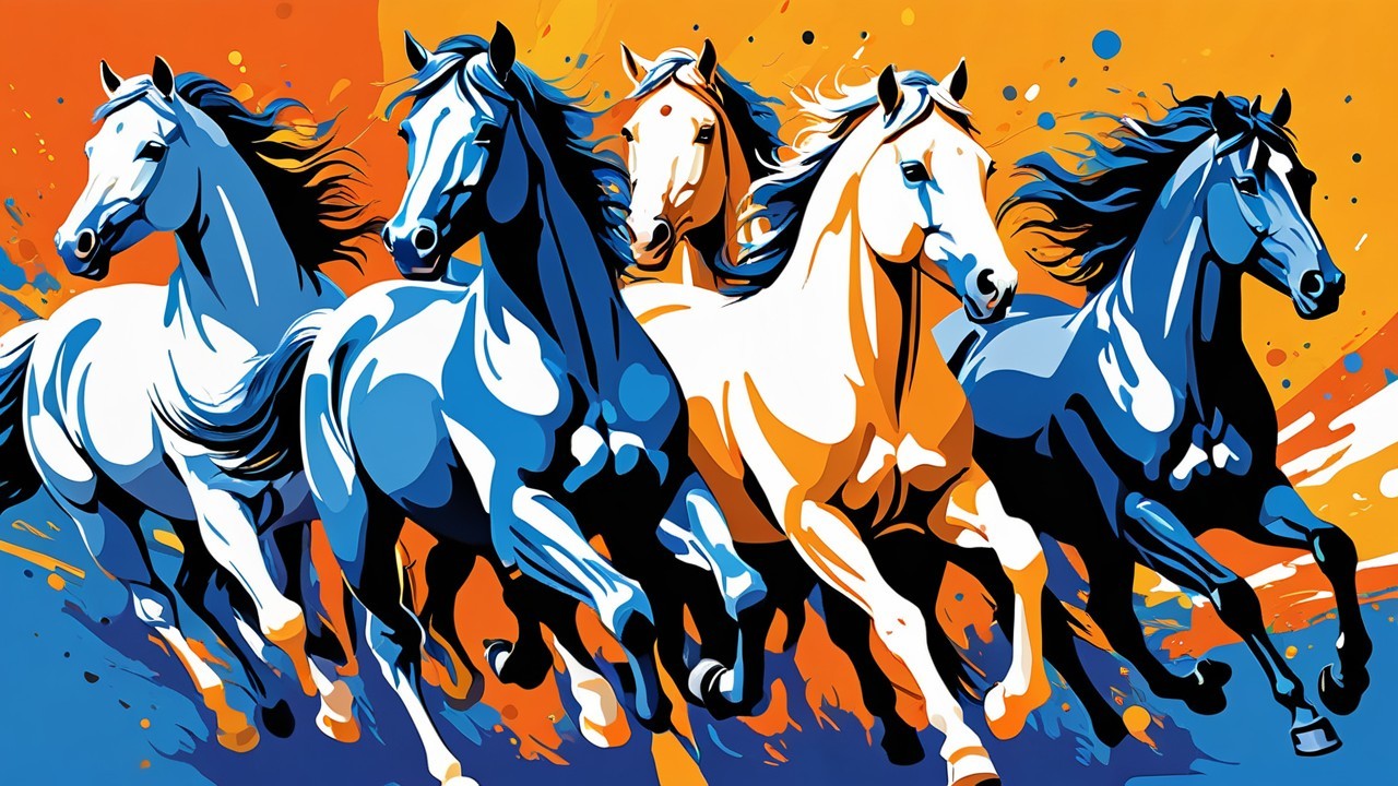 Colorful Illustration of Five Majestic Running Horses