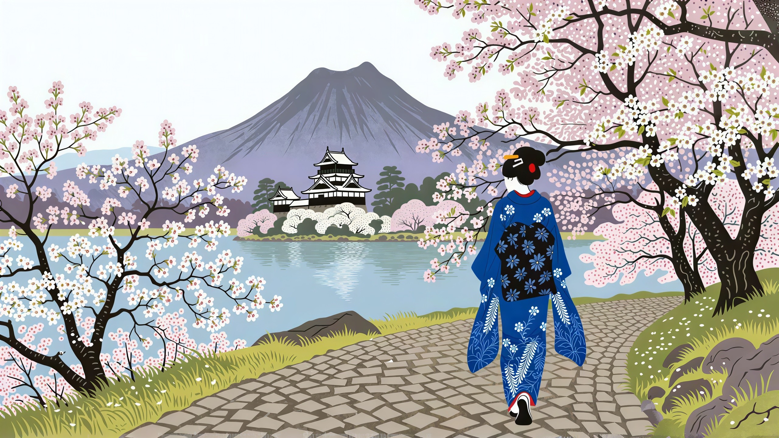 Blue Kimono by Lake with Castle and Cherry Blossoms