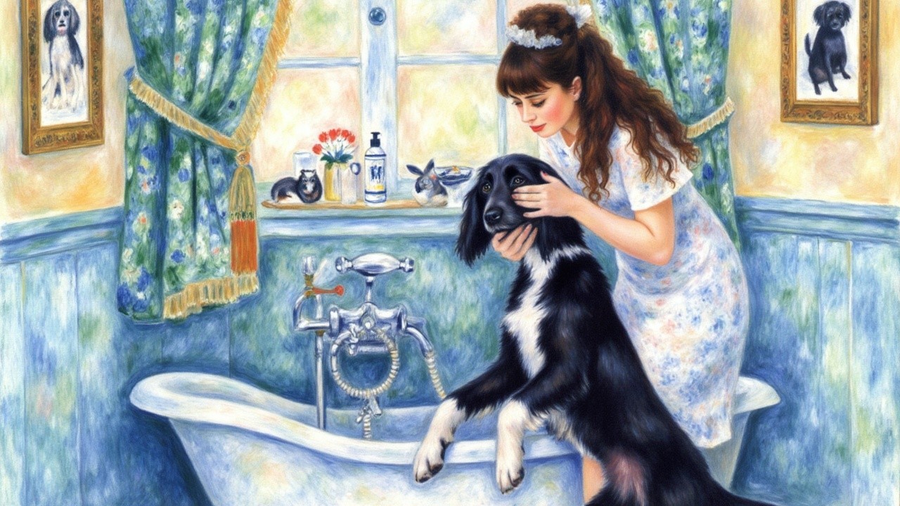 Young woman bathes dog in vintage bathtub setting