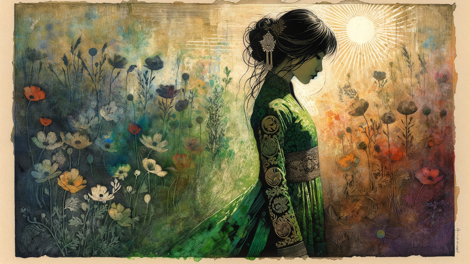 Silhouette of Woman in Green Dress Among Flowers