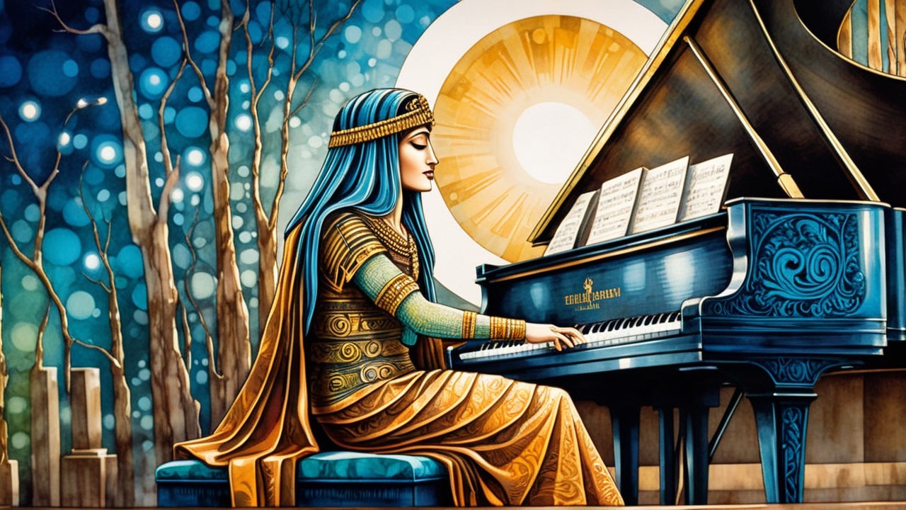 Woman in ancient attire playing grand piano outdoors