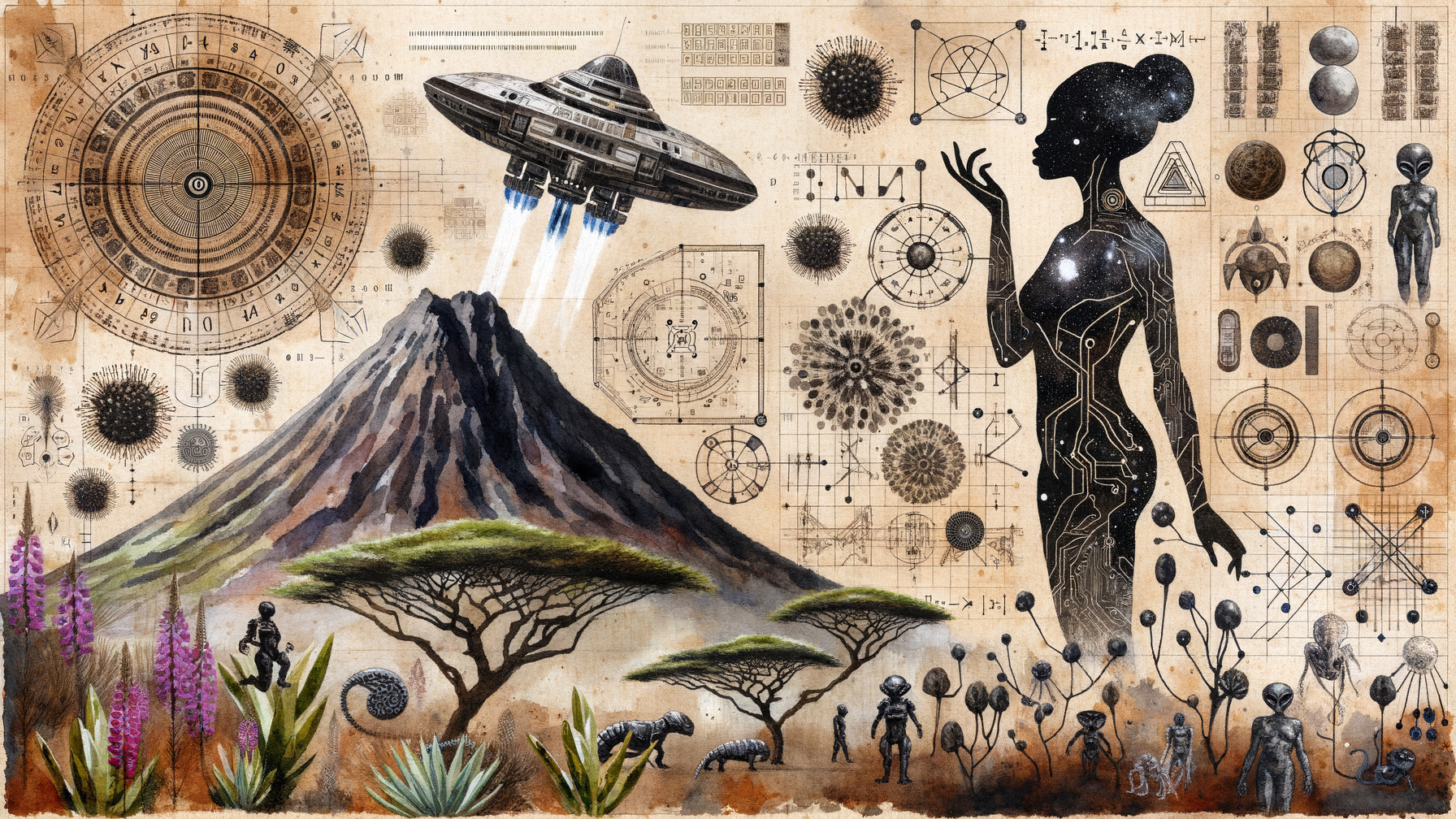 Surreal Artwork of Volcano with Geometric Patterns and Figures