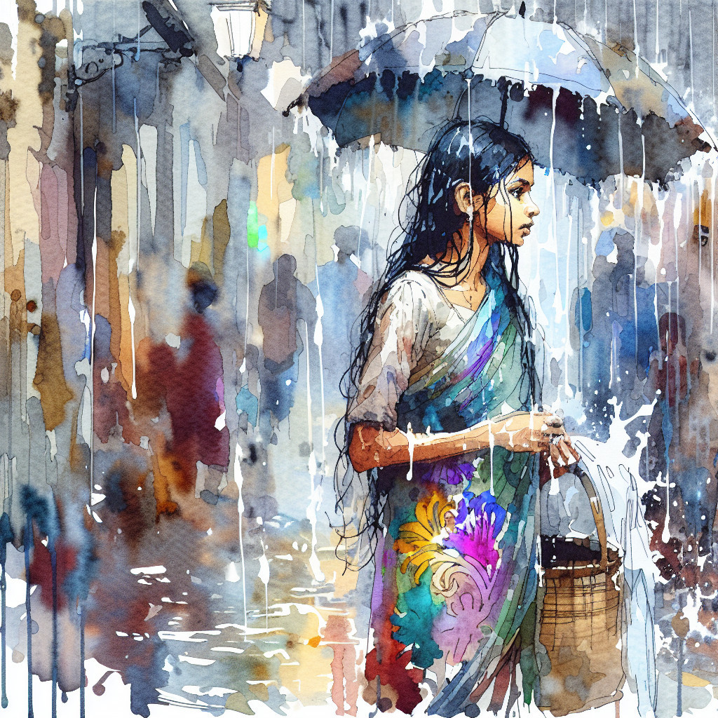 Woman in colorful saree under rain with umbrella