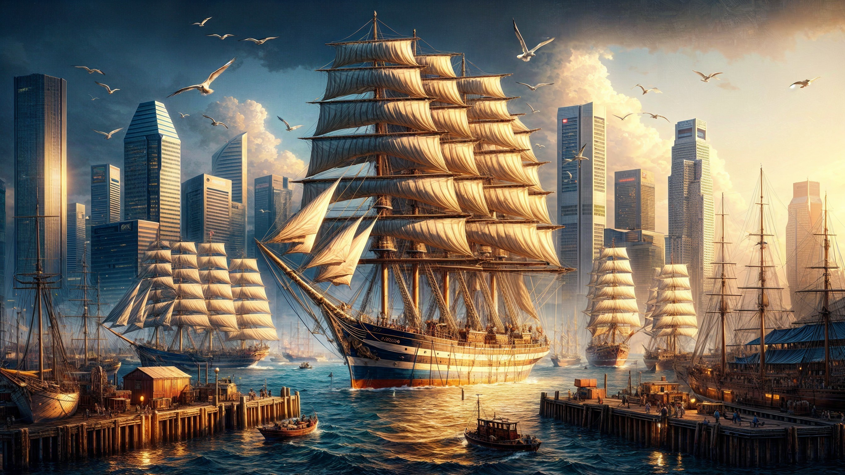 Tall Ship in Vibrant Harbor with Modern Skyline
