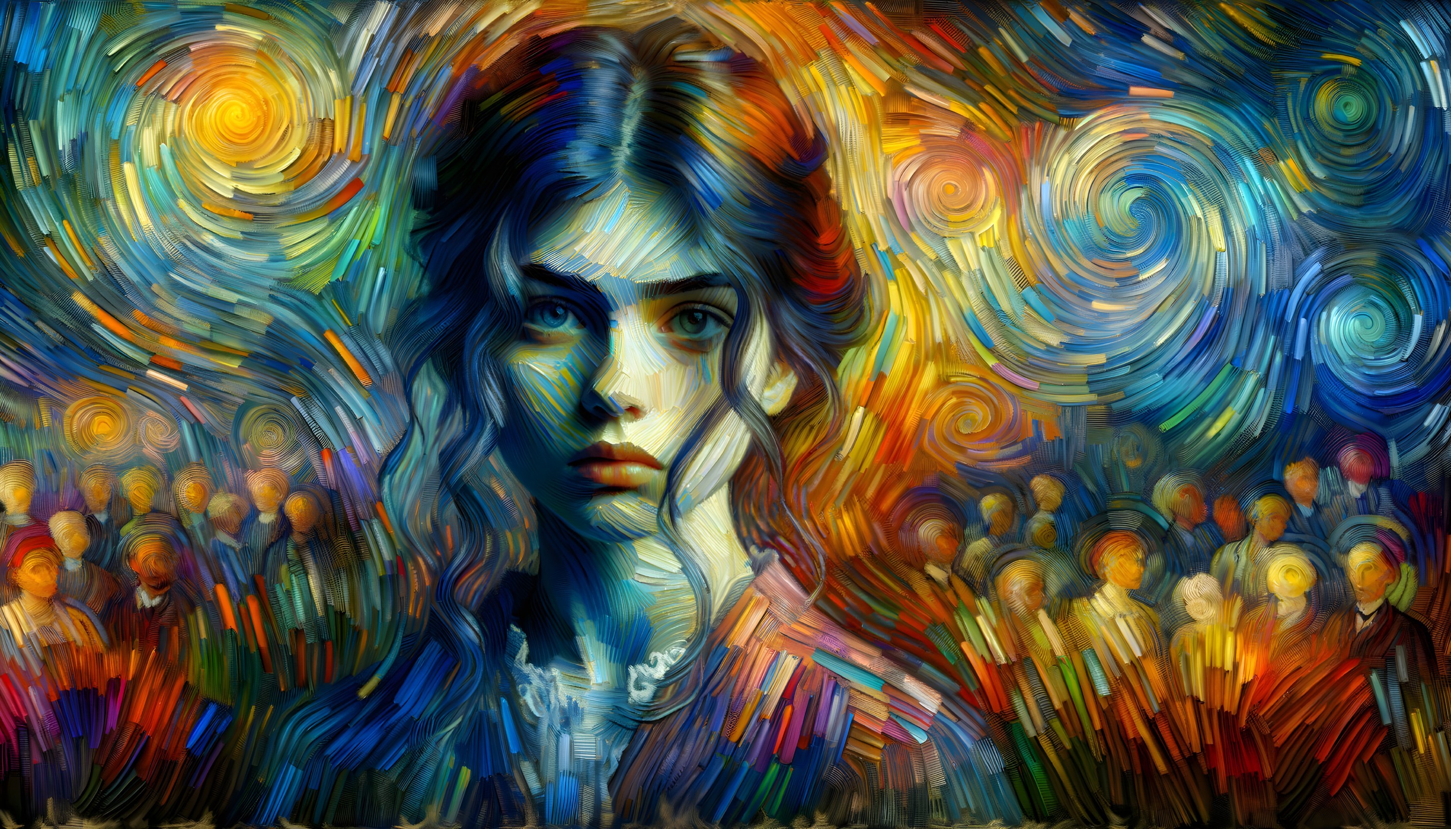 Portrait of a Young Woman in Abstract Color Swirls