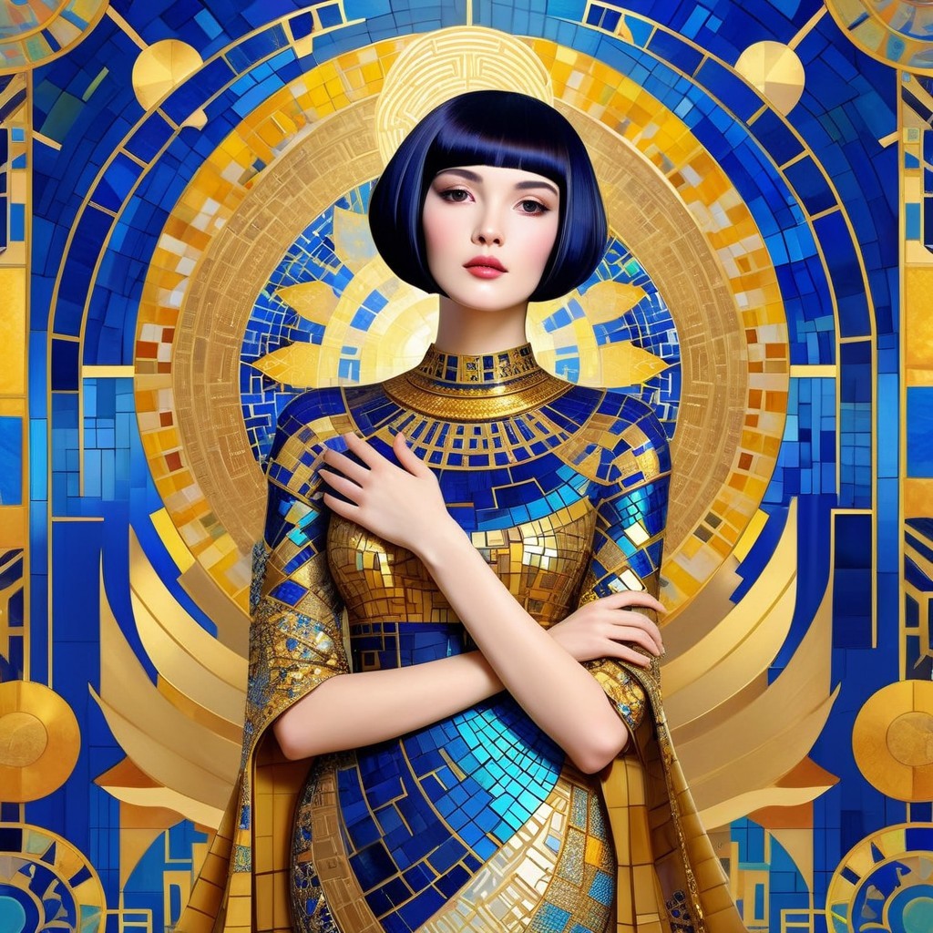 Woman in Mosaic Gown Against Geometric Background